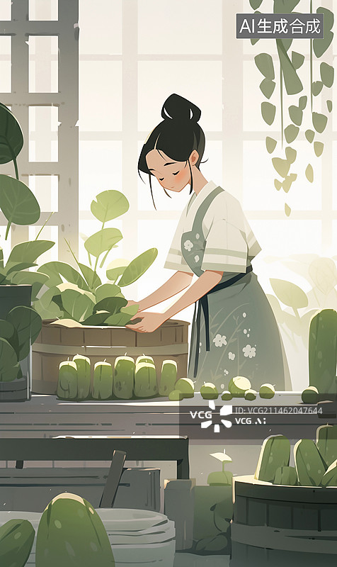 【AI数字艺术】一位女性在做青团插画图片素材