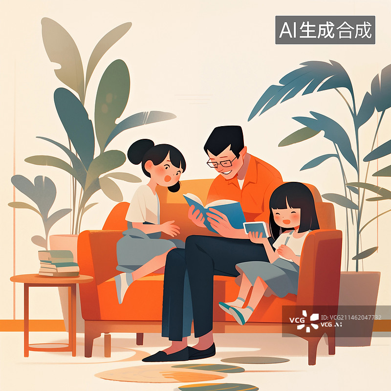 【AI数字艺术】爸爸坐在沙发上给两个可爱的女儿读绘本插画图片素材