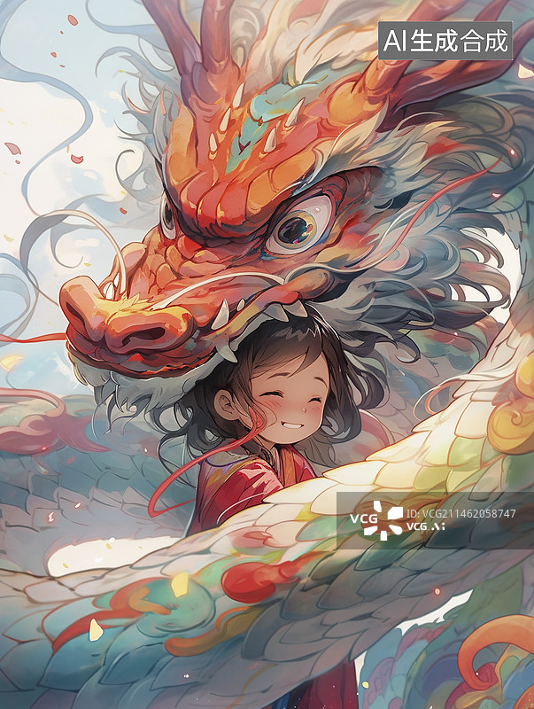【AI数字艺术】五彩斑斓的中国龙围绕着女孩图片素材
