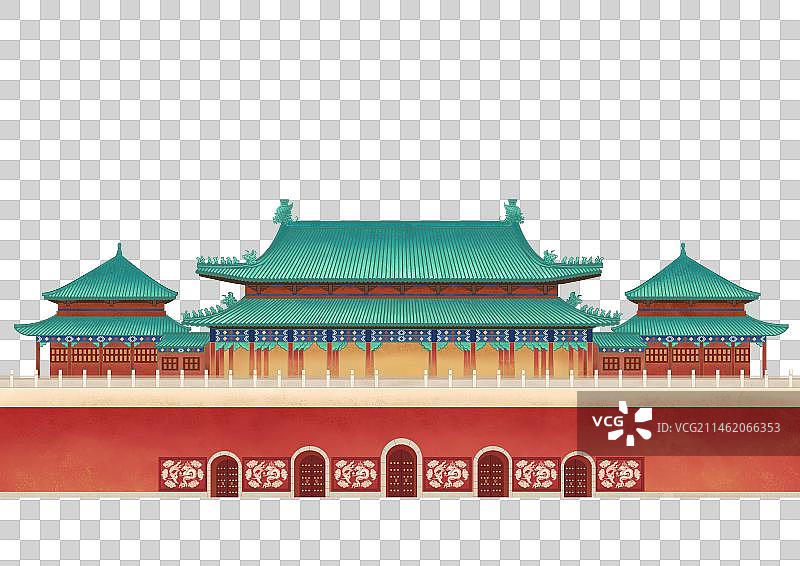 新国风国潮故宫皇宫古城楼古城区红墙绿瓦古城墙宫殿皇城宋朝宋代宣德楼手绘插画复古风透明底免抠素材图片素材