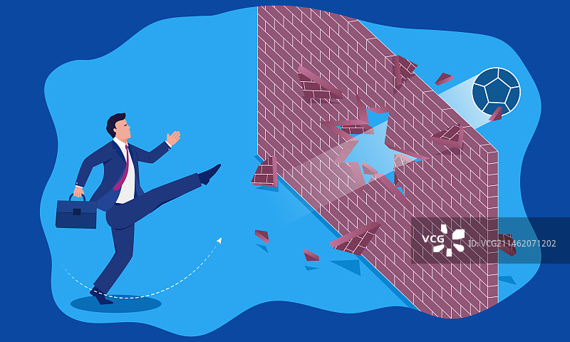 商务男人踢球击破墙壁，的概念插画图片素材