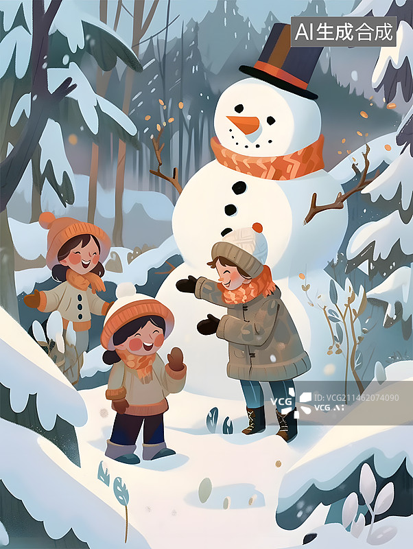 【AI数字艺术】一家人堆雪人儿童手绘插画图片素材