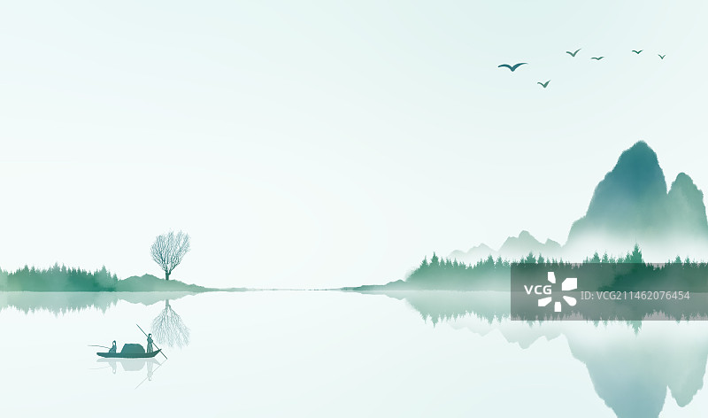 绿色风景中式山水画图片素材