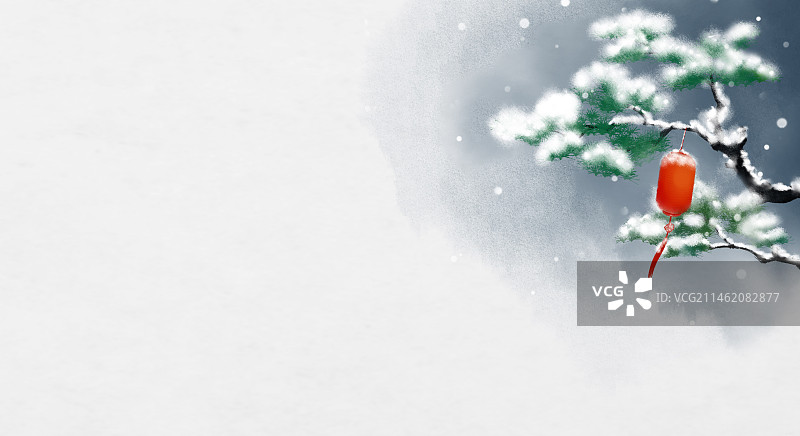 冬天松树灯笼雪中式插画背景图片素材