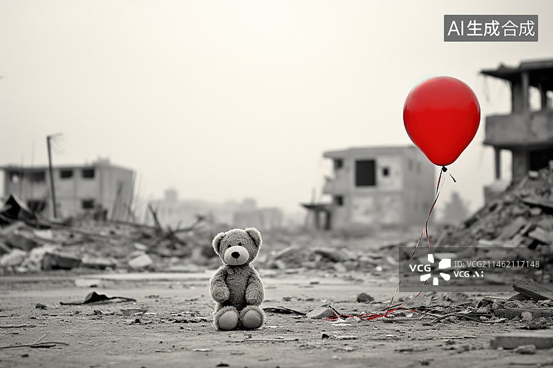 【AI数字艺术】废墟里的红色气球图片素材
