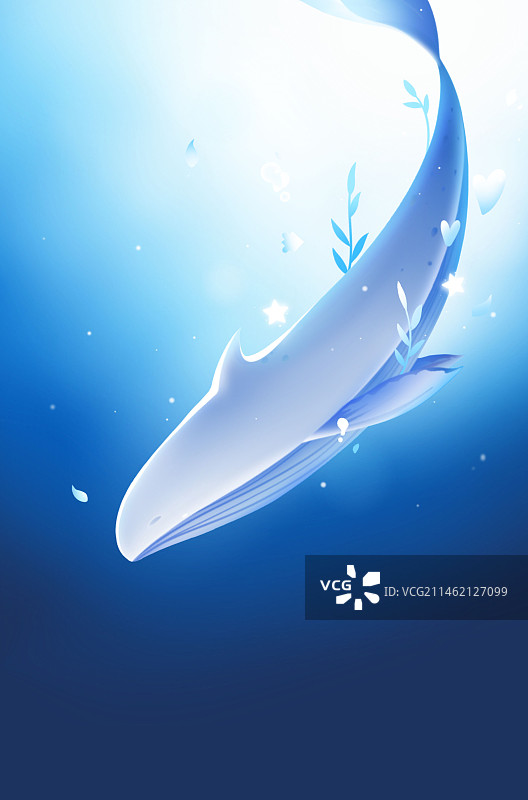带着星光与花瓣游动的鲸鱼，蓝色唯美治愈系列插画图片素材