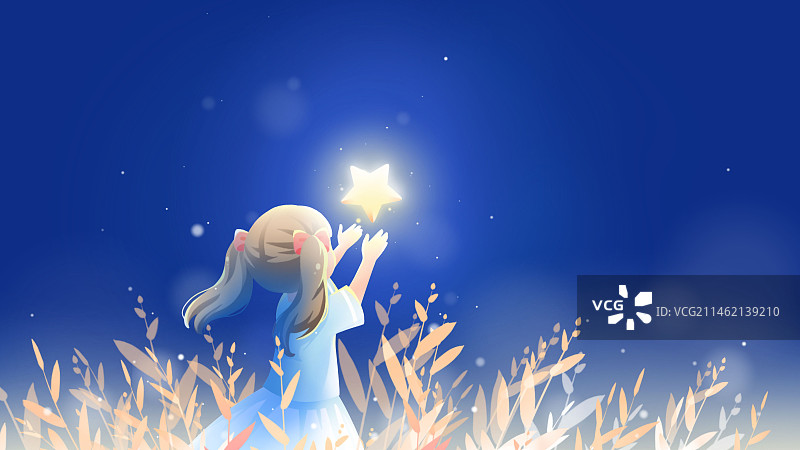 夜晚草丛中，女孩伸手接住一颗掉落的星星，蓝色唯美治愈系列插画图片素材