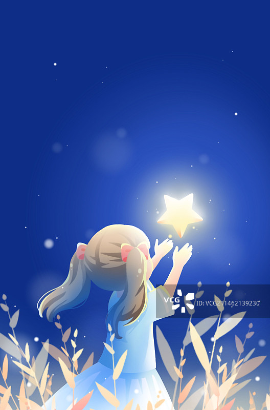 夜晚草丛中，女孩伸手接住一颗掉落的星星，蓝色唯美治愈系列插画图片素材