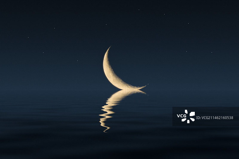 夜晚的月牙倒影图片素材