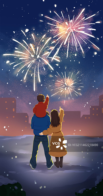 跨年元旦一家三口看烟花图片素材