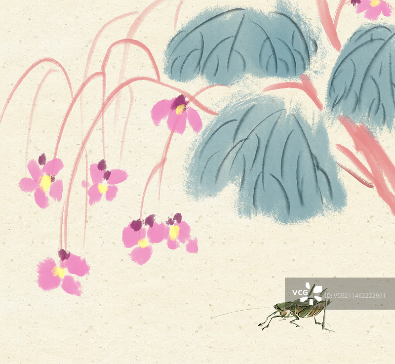 花卉与蝈蝈水墨国画图片素材