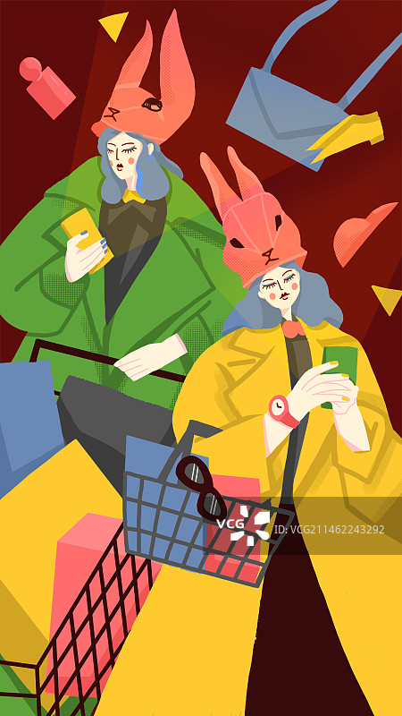 超市购物的两个时髦女生扁平插画图片素材