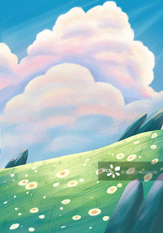 蓝天白云下的草地儿童手绘插画图片素材