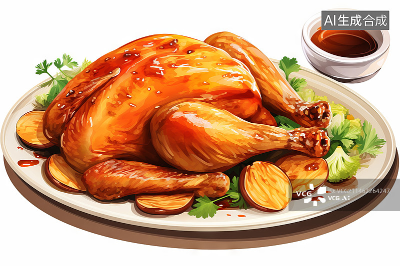 【AI数字艺术】一盘烧鸡烤鸡香酥鸡插画图片素材