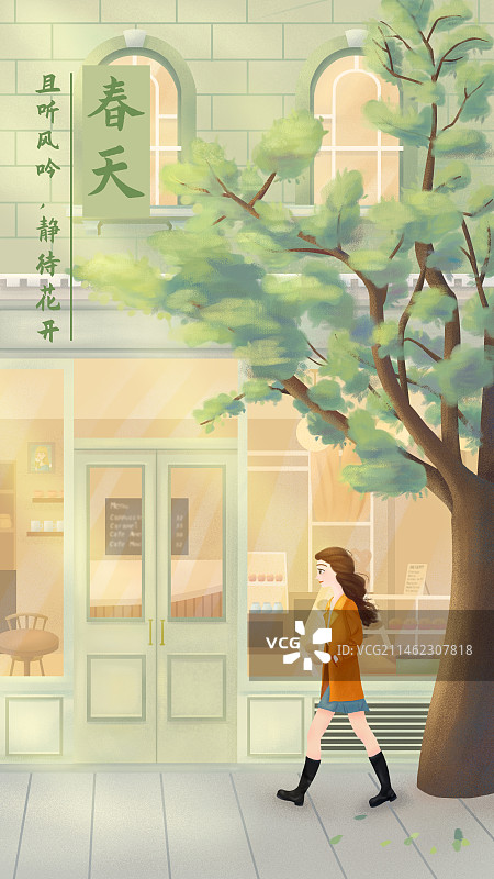 春天节日插画：一个女生走在甜品店门前图片素材