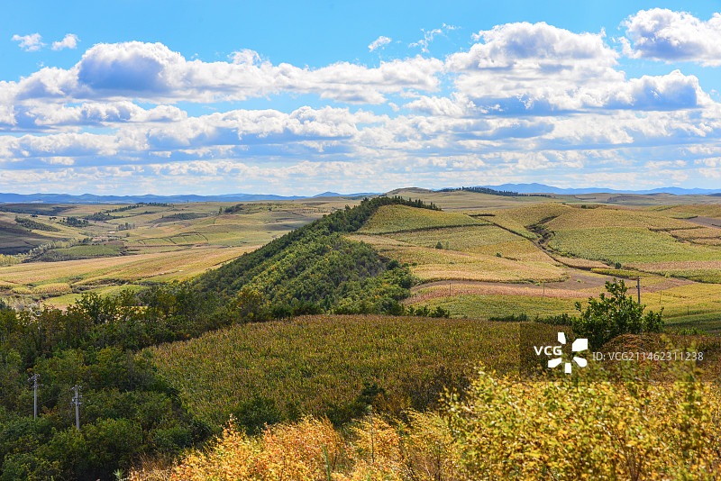 东北低山丘陵区的农田和树林图片素材