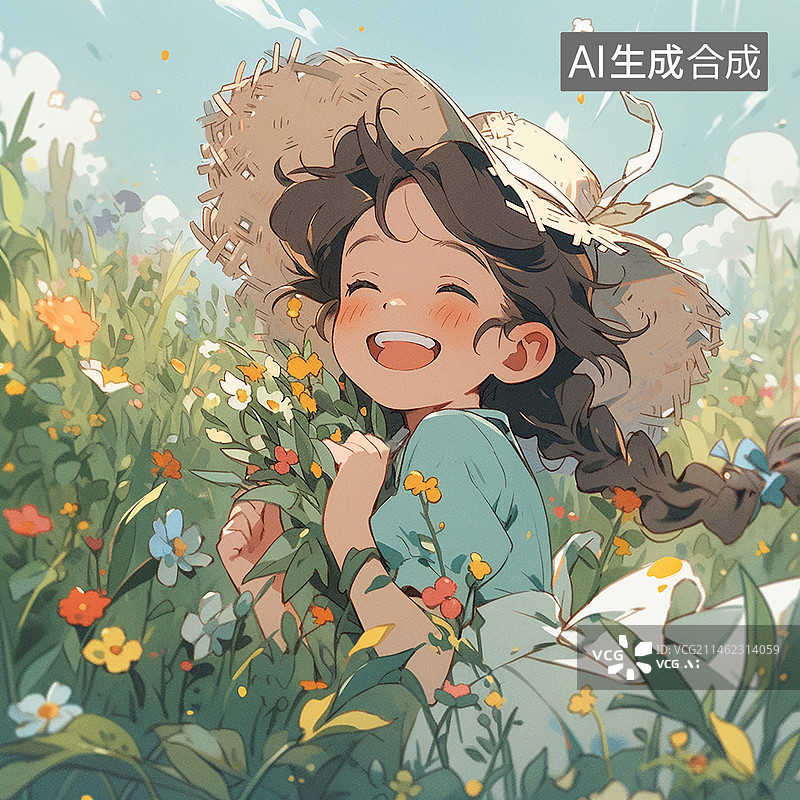 【AI数字艺术】可爱美丽的小女孩在户外玩耍插画图片素材