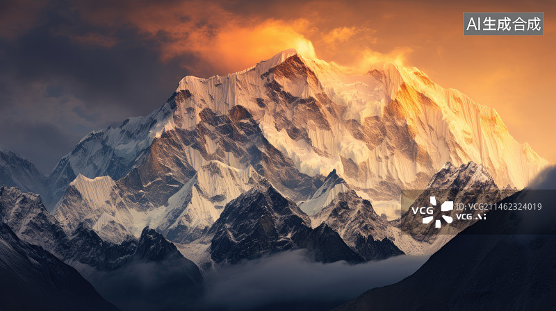 【AI数字艺术】夕阳下染成金黄的山峰图片素材