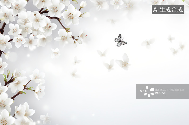 【AI数字艺术】白色樱花上的昆虫特写镜头图片素材