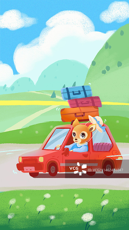 小鹿开着红色小汽车完美假期旅行蓝天白云绿草地图片素材