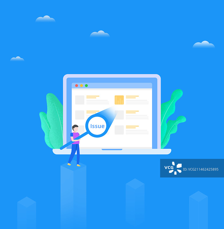 扁平风项目经理抱着放大镜查找问题插画图片素材