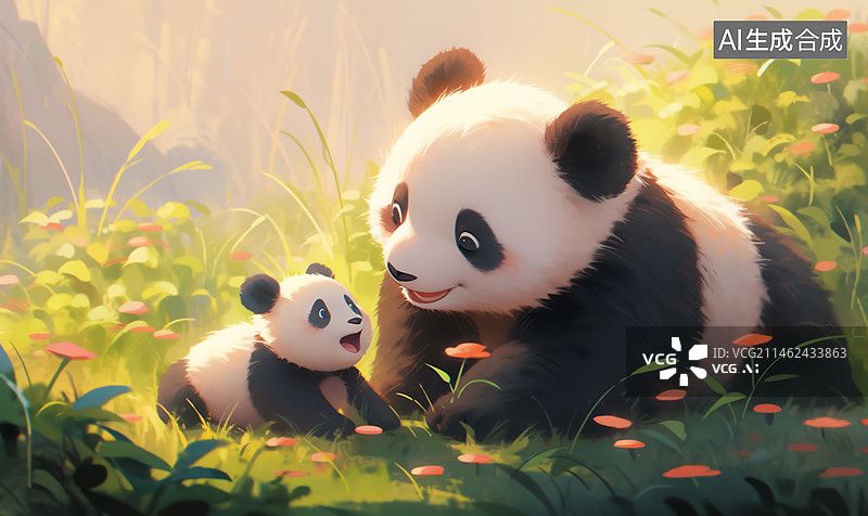 【AI数字艺术】大熊猫妈妈陪着可爱的熊猫宝宝插画图片素材