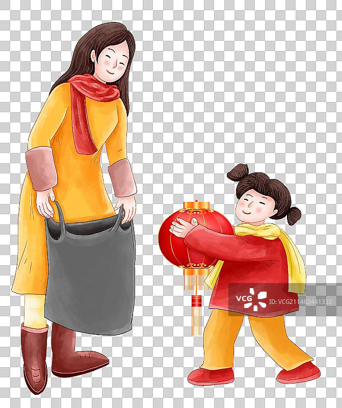 2024传统年俗大年初六 送穷日送穷鬼 妈妈带着女儿正在打扫卫生清理灯笼垃圾图片素材