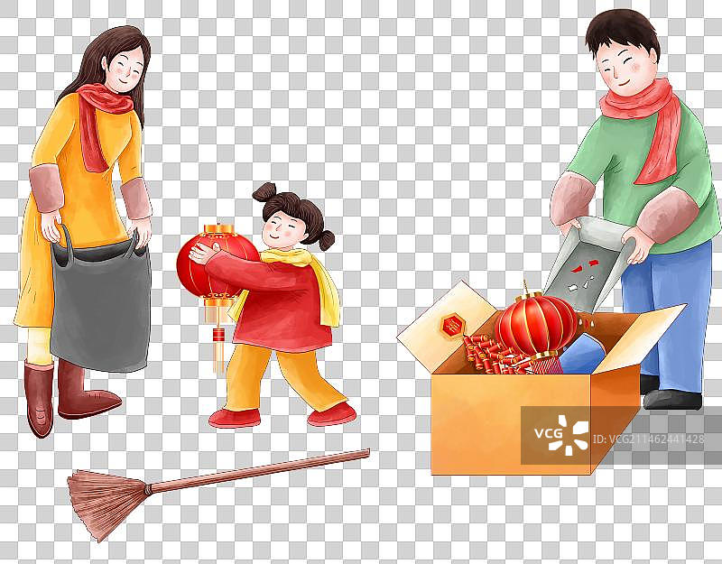 2024传统年俗大年初六 送穷日送穷鬼 父母带着孩子打扫卫生图片素材