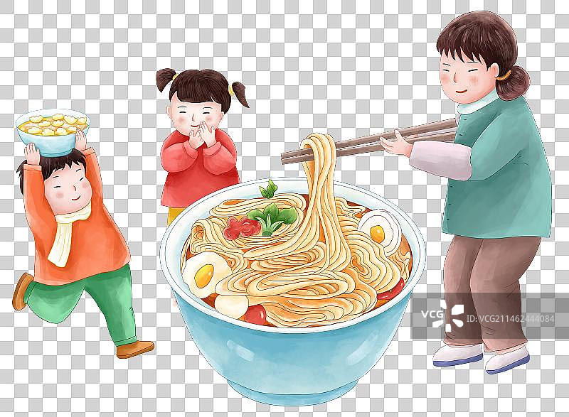 2024传统年俗大年初七 人寿丰年吃面条 女人带着两个孩子搅拌一大碗面条图片素材