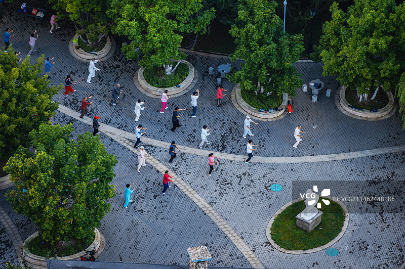 夏天俯瞰清晨小区广场上打太极拳的中老年人图片素材