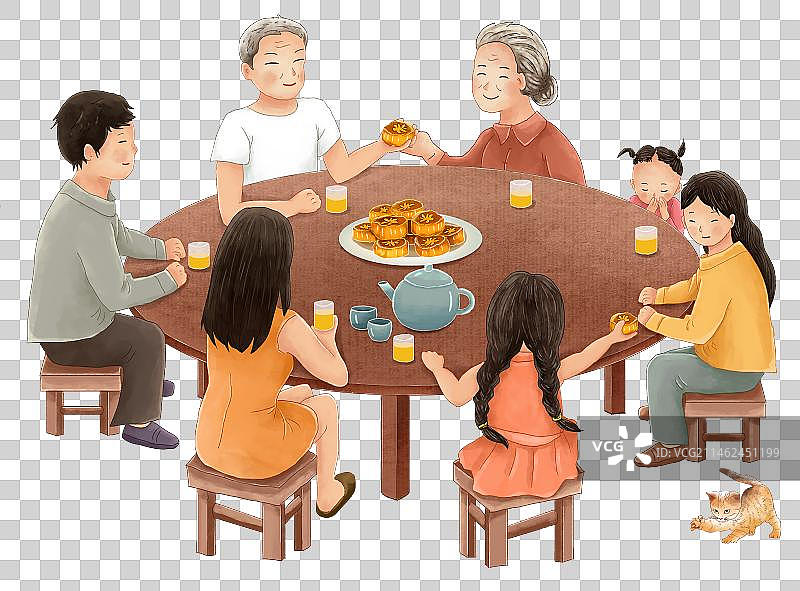 一家人围坐团聚吃月饼赏月 手绘风格中秋节国庆节插画元素图片素材