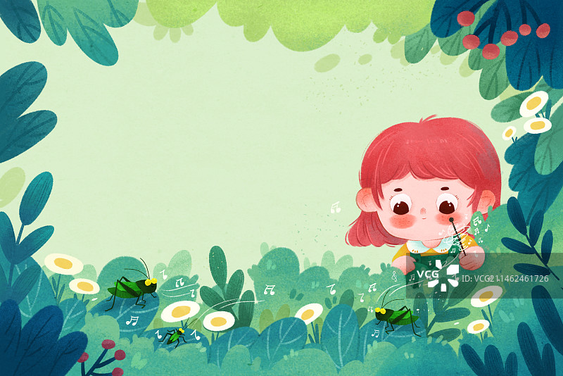 草丛里的小女孩和蝈蝈儿图片素材