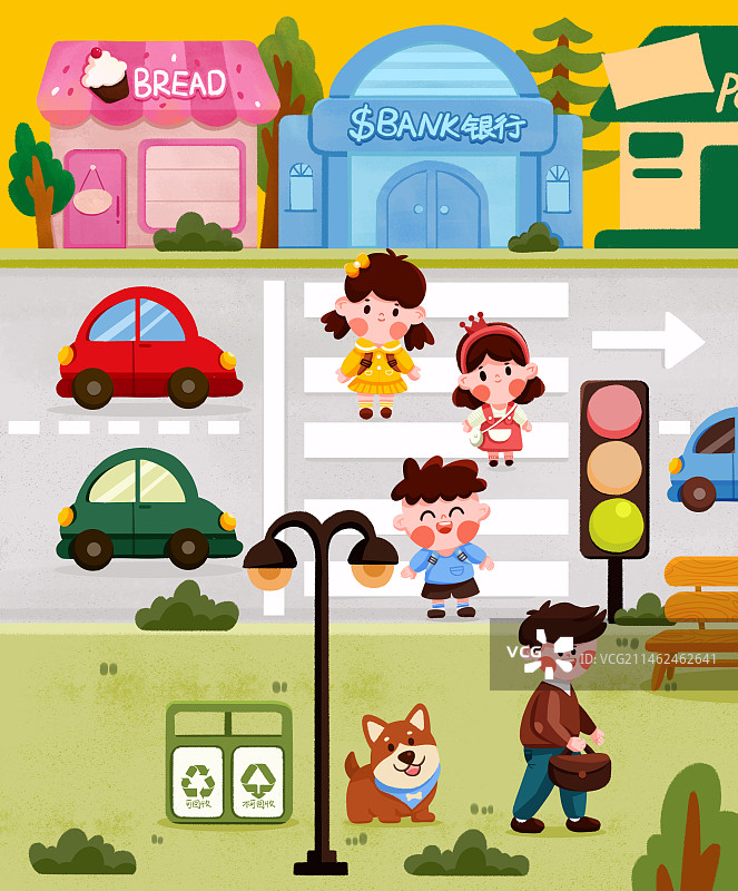 卡通街景-小朋友过马路图片素材