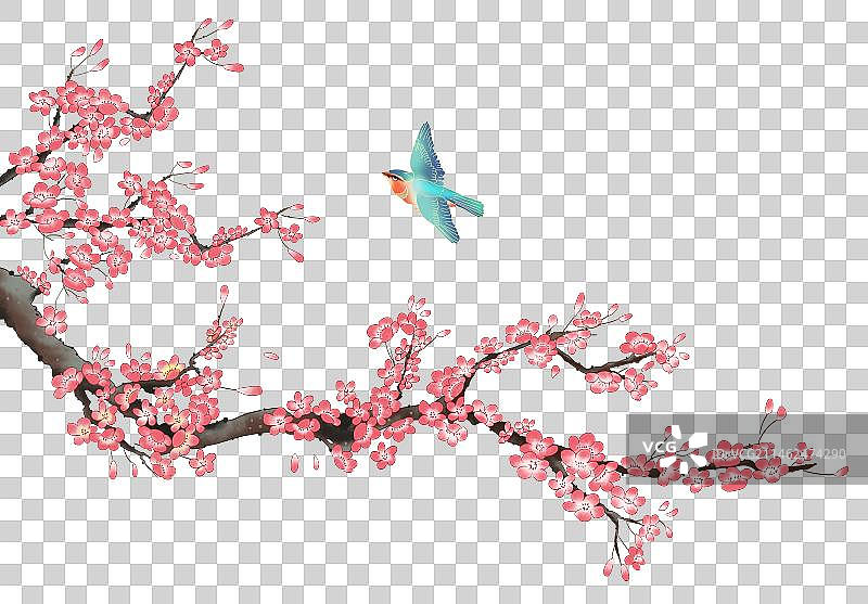 春天的桃花和小鸟插画元素图片素材