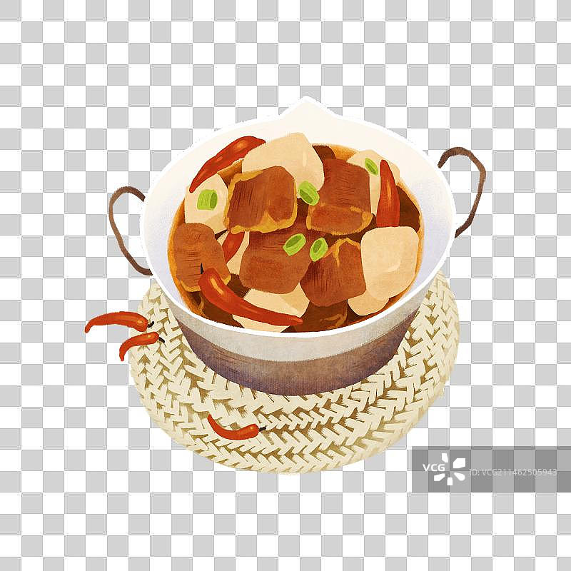 中华美食插画元素-放在垫子上的砂锅萝卜炖牛肉图片素材