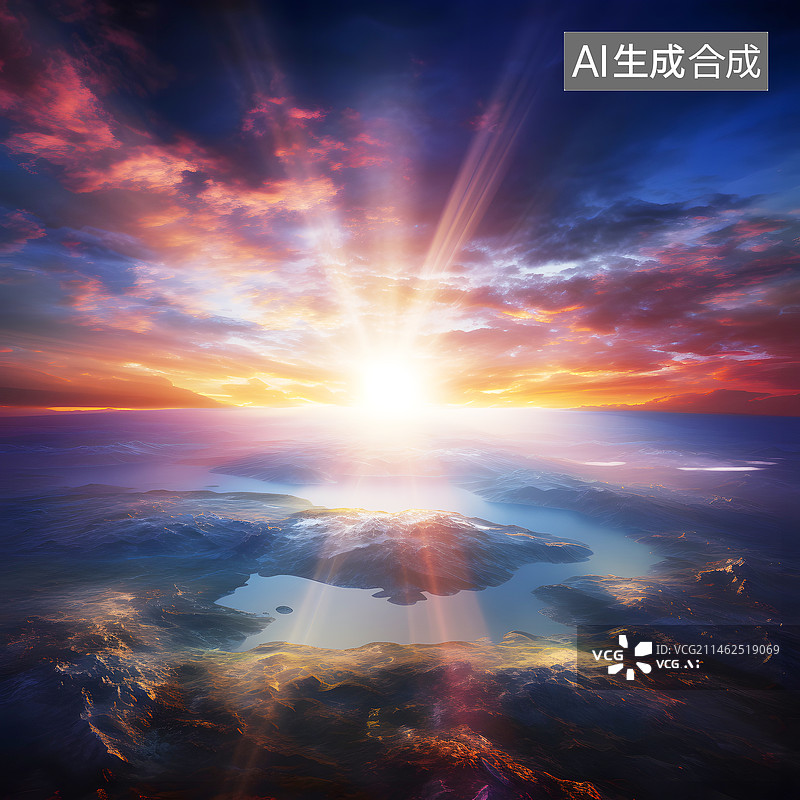 【AI数字艺术】AIGC:清晨的第一束阳光 户外风景 天空 光束 河流  云景图片素材