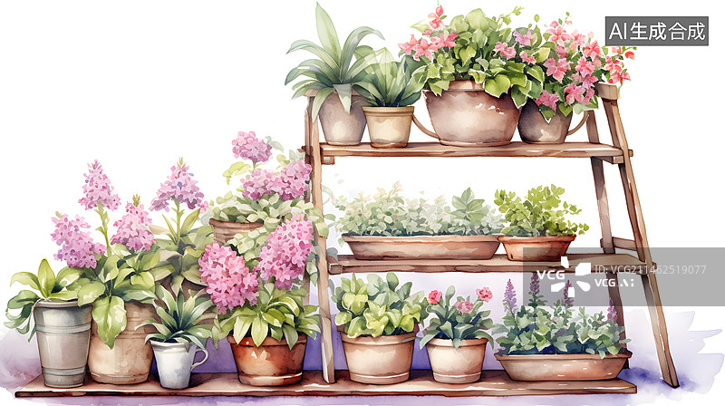 【AI数字艺术】AIGC:水彩画 花架子盆栽 花盆 植物 绿植 花图片素材