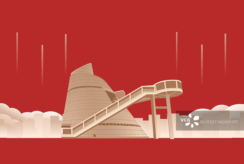 红金澳门科学馆矢量插画，澳门高端庆典宣传活动图片素材