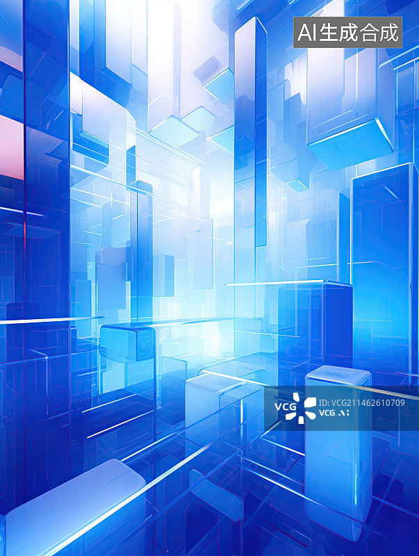 【AI数字艺术】3D蓝色立方体发光创意抽象背景图片素材