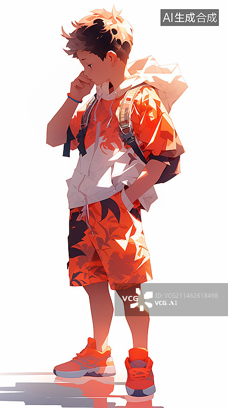 【AI数字艺术】一位青少年穿着卫衣运动鞋背着书包插画图片素材