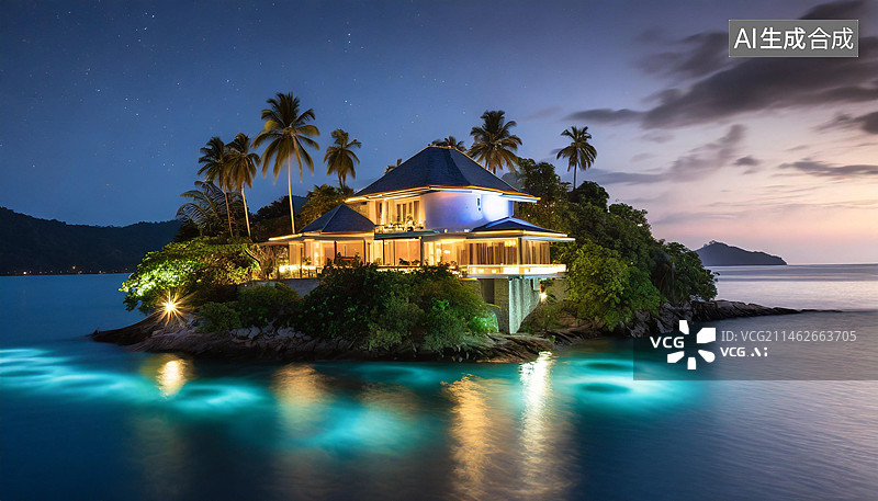 【AI数字艺术】海边度假小屋户外夜景图片素材