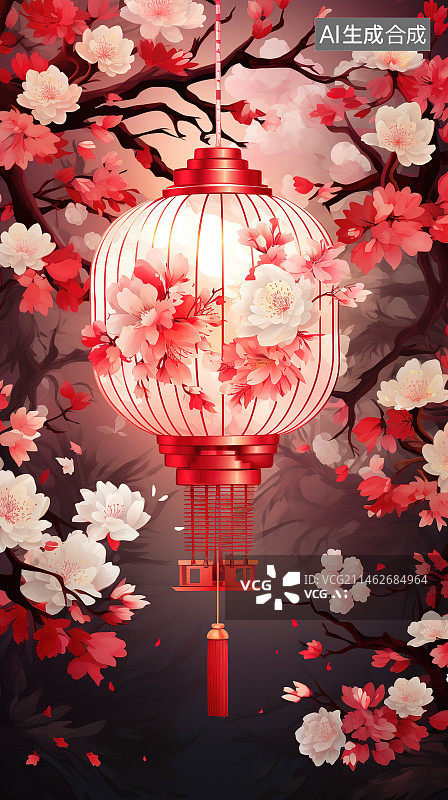 【AI数字艺术】挂在桃花上的灯笼图片素材