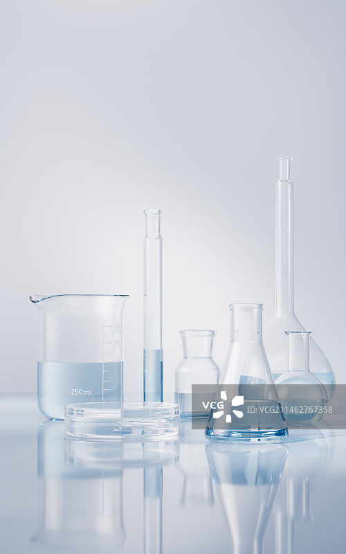 实验室的玻璃化学器皿3D渲染图片素材