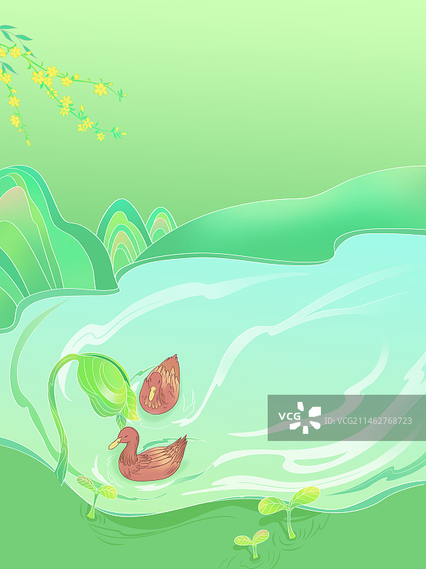清新的春天绿色鸭子游泳手绘插画背景图片素材