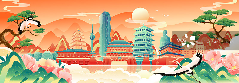 国风西安城市地标建筑彩色矢量插画海报图片素材