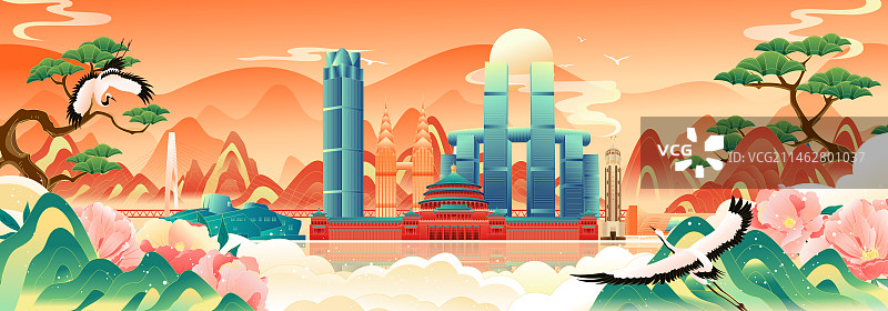 国风重庆城市地标建筑彩色矢量插画海报图片素材