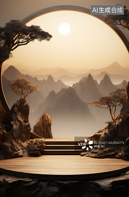 【AI数字艺术】日落时的山对天景色图片素材