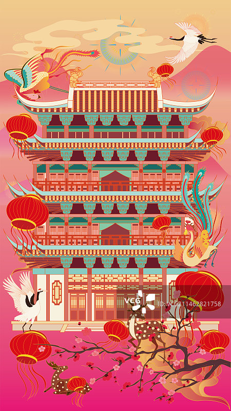 国风地标系列—国潮风春节国庆节宜昌 镇江阁矢量插画图片素材