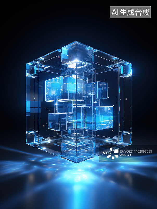 【AI数字艺术】3D蓝色立方体发光创意抽象背景图片素材