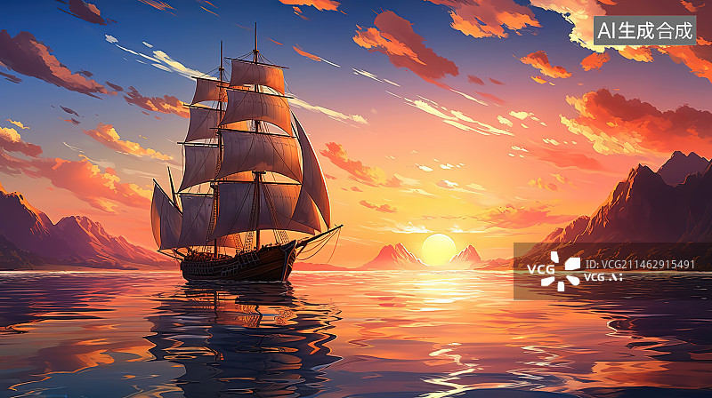 【AI数字艺术】美丽的日落在热带海洋和长尾船在南部图片素材